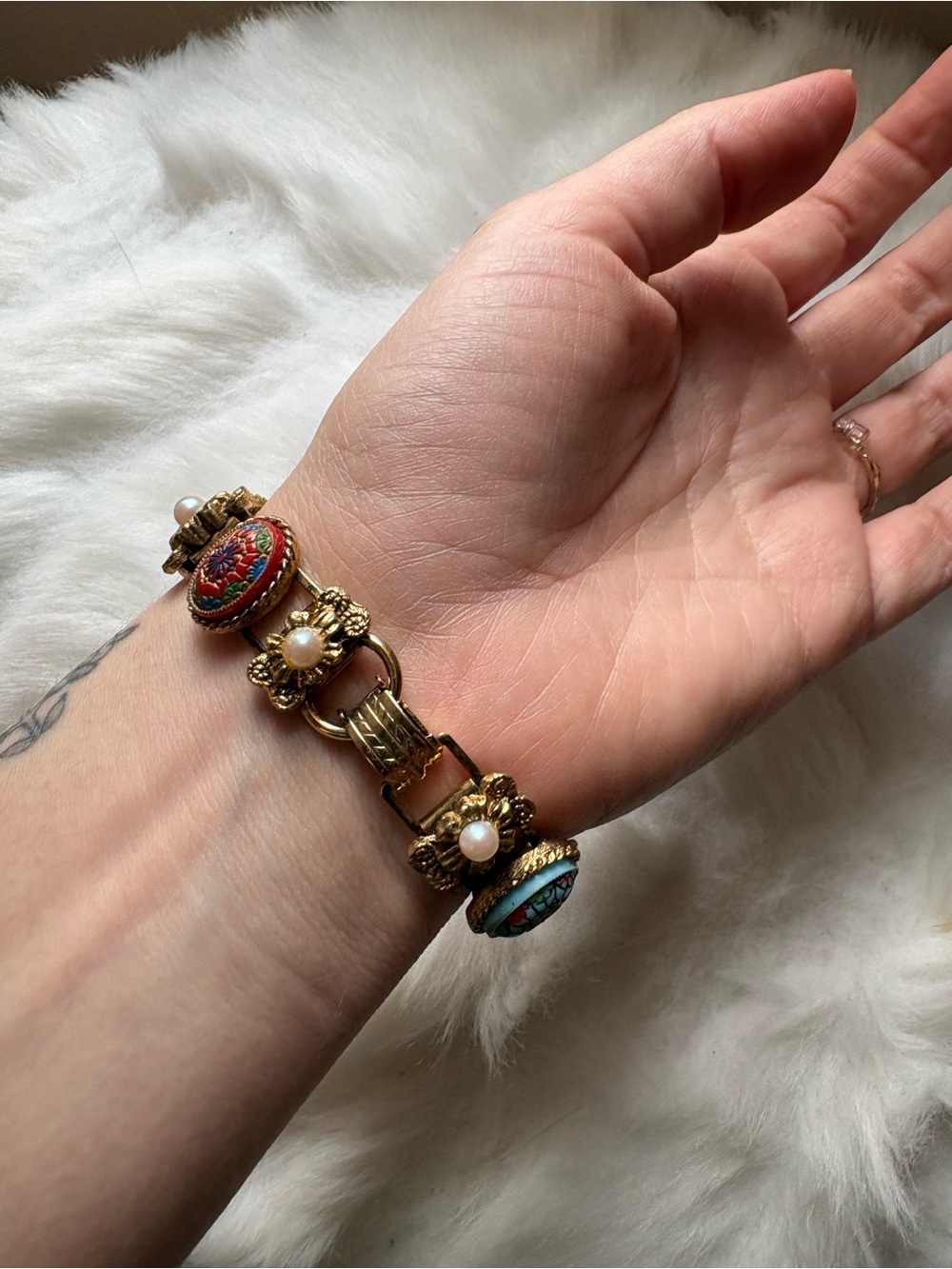 Vintage Enamel & Pearl Decorative Mosaic Bracelet - Picture 3 of 4